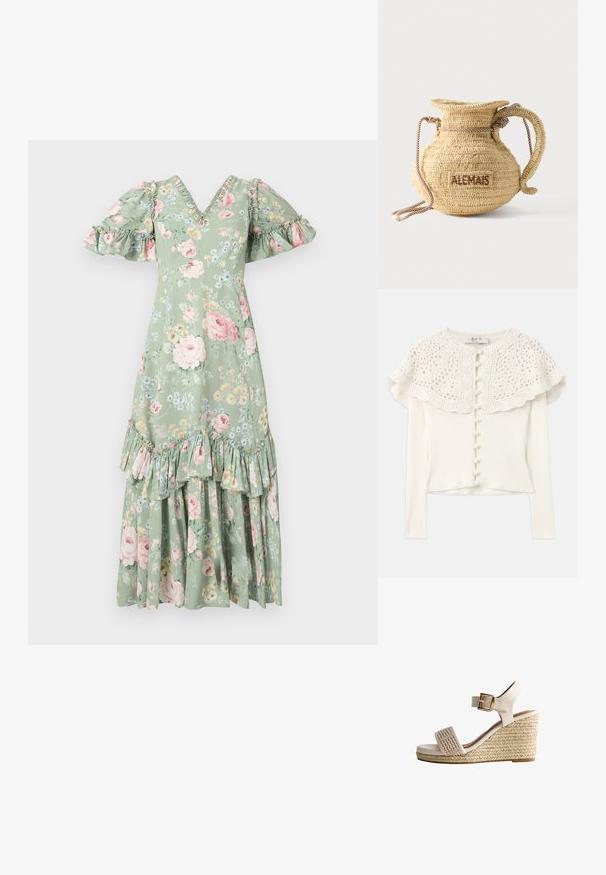 Hvid langærmet cardigan med en hæklede blonde yoke, der har dekorative knapper foran og en struktureret ribbet krop.; Blomstret maxi-kjole i blød grøn med V-hals, puf ærmer, flæsedetaljer og et tieret kant. Har pink roser og små blå blomster.; Hvide kilehæle med vævet overdæksel og ankelrem. Har en guldbuckle og en tekstureret jute-platform. Glat læderfinish.; Rund flettet stråtaske med håndtag af reb og "ALEMAIS" broderet på siden med brunt garn.
