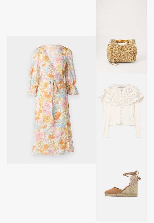 Hvid langærmet cardigan med en hæklede blonde yoke, der har dekorative knapper foran og en struktureret ribbet krop.; Blomsterindpakket kjole i let, gennemsigtigt stof. Har V-hals, lange ærmer med flæsekanter og bånd i taljen. Farverne inkluderer pasteller og gule nuancer.; Tan ruskinds kilehæle sandal med en jute reb sål, åben tå design og flettet mesh ryg med snørelukning og dekorativ accent.; Vævet strohåndtaske med bambushåndtag, der har et tekstureret fringedesign i naturlig beige og en guldkædesnor.