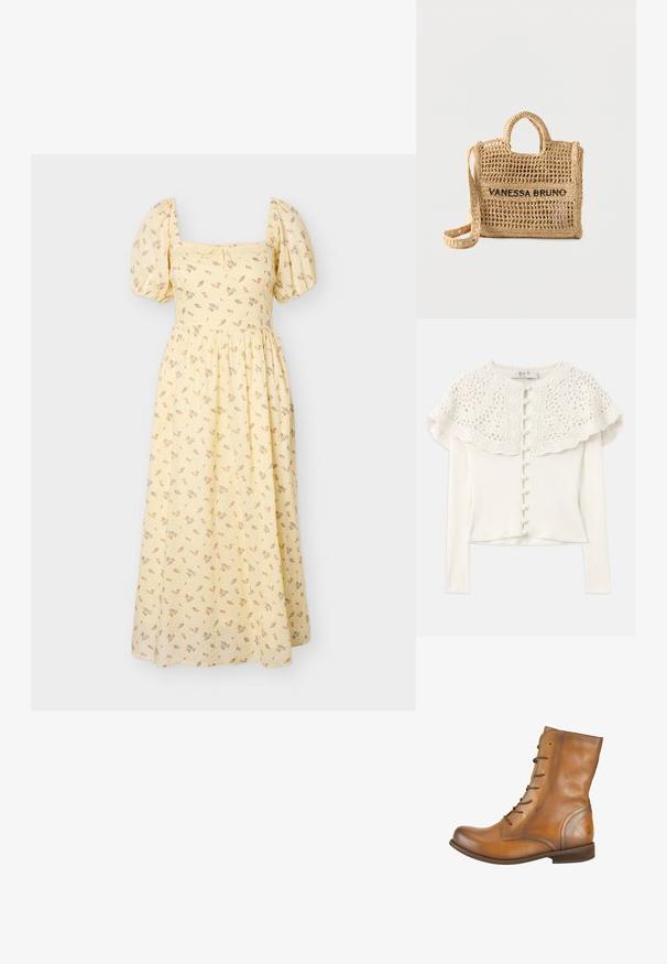 Cárdigan blanco de manga larga con un yugo de encaje de ganchillo, que presenta botones decorativos en el frente y un cuerpo acanalado texturizado.; Vestido midi amarillo con mangas abullonadas, escote cuadrado, delicado estampado floral y cintura fruncida.; Botas de cuero marrón hasta el tobillo con una textura suave, punta redondeada, seis ojales para cordones y un sutil logo grabado en el talón.; Bolso tejido beige con dos asas, correa larga, diseño de tejido abierto y "VANESSA BRUNO" bordado en negro en la parte frontal.