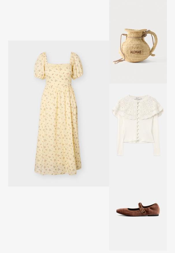 Hvid langærmet cardigan med en hæklede blonde yoke, der har dekorative knapper foran og en struktureret ribbet krop.; Gul midi-kjole med pufærmer, firkantet udskæring, delikat blomsterprint og rynket talje.; Bianco Mary Jane shoes BIALILJA - Ballerinasko m/ rem - dark brown; Rund flettet stråtaske med håndtag af reb og "ALEMAIS" broderet på siden med brunt garn.