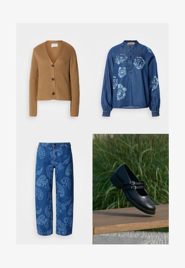 Lysbrun strikket cardigan med lange ærmer og tre mørke knapper foran, med V-hals og ribbet tekstur.; Denimskjorte i mørkeblå med afslappet pasform. Har blomsterprint i lyseblå, knaplukning og elastiske manchetter for en samlet effekt.; Blå denimjeans med paisleymønster i en lysere nuance. Har lukning med knap og lynlås foran, bred benstil og standard fem-lomme-design.; Sort læder Mary Jane-sko med dobbelte spænder og brogue-detaljer, der svæver over en træbænk med grøn græsbaggrund.