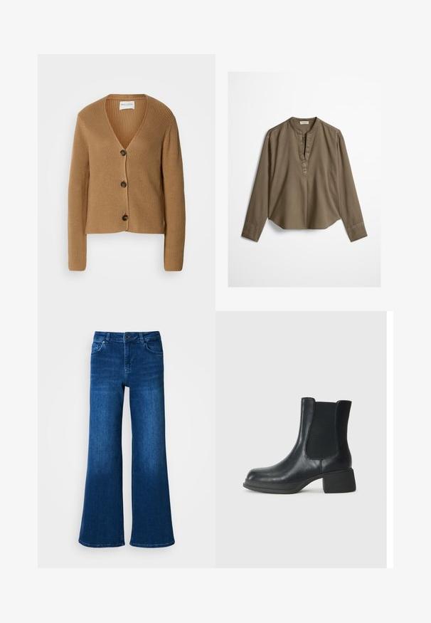 Cárdigan de punto marrón claro con mangas largas y tres botones oscuros en el frente, con escote en V y textura de canalé.; Blusa casual marrón de manga larga con cuello mandarín, pliegue delantero y dobladillo ligeramente curvado, extendida sobre un fondo blanco.; Jeans anchos de mezclilla azul con una cintura alta, cuentan con cinco bolsillos, cierre de botón y cremallera, y una textura suave y uniforme.; Botín de cuero negro con paneles laterales elásticos, punta redondeada y un tacón bajo tipo bloque. La superficie tiene una textura suave y un diseño minimalista.