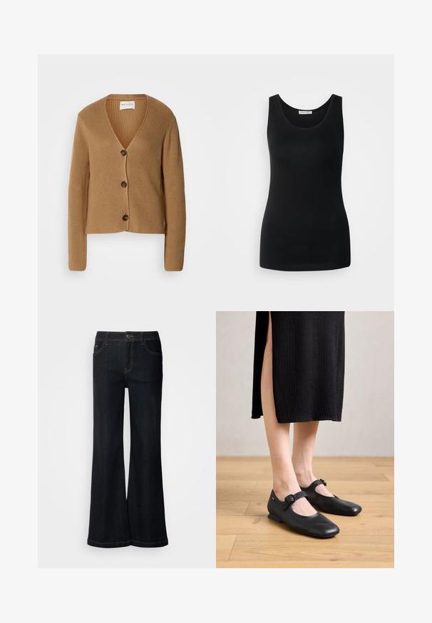 Hellbrauner Strickcardigan mit langen Ärmeln und drei dunklen Knöpfen auf der Vorderseite, mit V-Ausschnitt und geripptem Muster.; Schwarzes ärmelloses Tanktop, aus glattem Stoff, mit klassischem Rundhalsausschnitt und tailliertem Schnitt. Keine Muster oder Akzente.; Mos Mosh MMDARA DELUXE JEANS - Jeans Relaxed Fit - dark blue; Schwarze Leder-Mary Jane-Ballerinas mit einem kleinen Absatz, runder Zehenpartie und einem seitlichen Schnallen-Detail. Das strukturierte Design erhöht die visuelle Attraktivität.