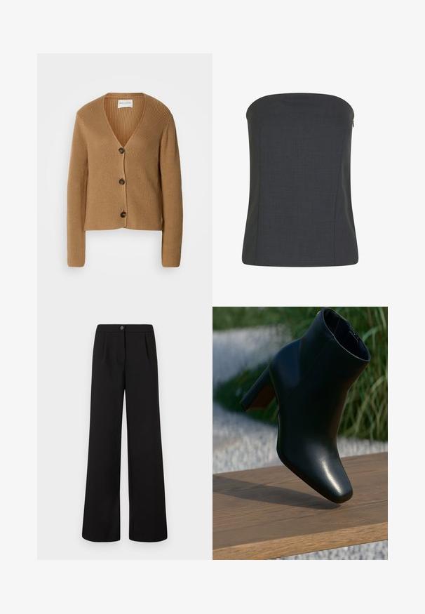 Lysbrun strikket cardigan med lange ærmer og tre mørke knapper foran, med V-hals og ribbet tekstur.; Stropeløs top i mørkegrå stof med tætsiddende design, glat tekstur og en diskret lynlås i siden til lukning.; Sorte højtaljede bukser med brede ben, der har frontknap og lynlås-lukning, og med subtile plisseringer under taljen.; Sort læder ankelstøvle med blokhæl placeret på en træbænk udendørs med græs og hvide sten i baggrunden.