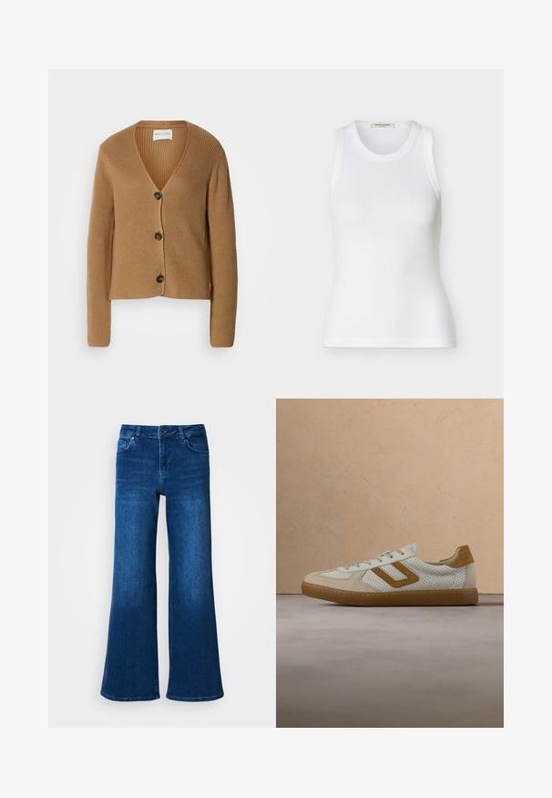 Cárdigan de punto marrón claro con mangas largas y tres botones oscuros en el frente, con escote en V y textura de canalé.; Camiseta sin mangas blanca con textura acanalada, escote redondo, ajuste ceñido y etiqueta de la marca Scotch & Soda en el interior del cuello.; Jeans anchos de mezclilla azul con una cintura alta, cuentan con cinco bolsillos, cierre de botón y cremallera, y una textura suave y uniforme.; Zapatilla blanca con parte superior perforada, detalles en ante color coñac y suela de goma marrón claro. Cuenta con cordones y un diseño minimalista.