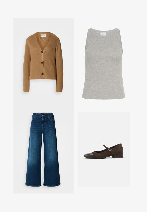 Cárdigan de punto marrón claro con mangas largas y tres botones oscuros en el frente, con escote en V y textura de canalé.; Camiseta sin mangas gris con cuello redondo y diseño sin mangas. Fabricada con tela suave, presenta una silueta ajustada y costuras mínimas.; Jeans de pierna ancha hechos de denim azul oscuro. Presentan una cintura alta, cierre de botón y un diseño clásico de cinco bolsillos con un ligero desgaste.; Zapato Mary Jane de ante marrón con una puntera de charol negro, correa ajustable y un tacón bajo. Textura suave con acentos mínimos.