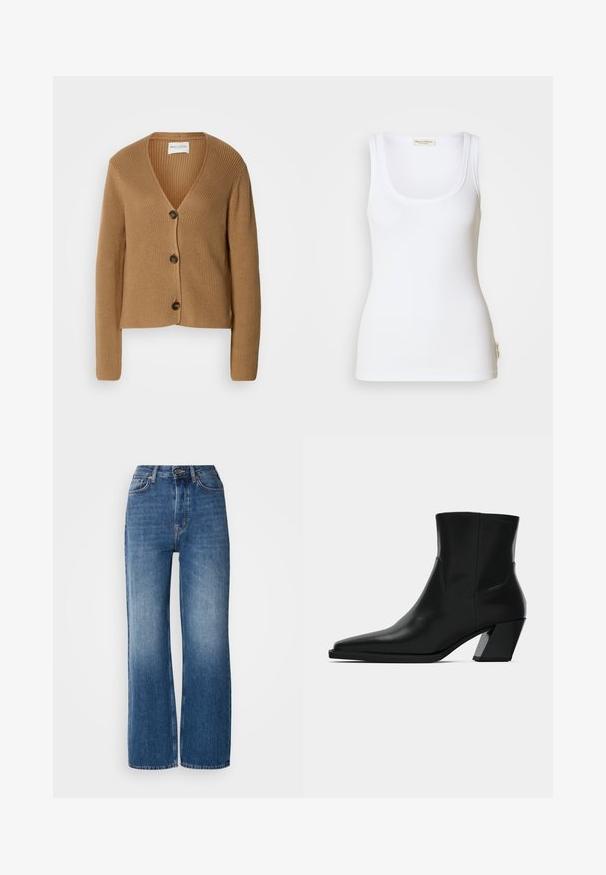 Lysbrun strikket cardigan med lange ærmer og tre mørke knapper foran, med V-hals og ribbet tekstur.; Hvid ribbet tanktop med rund halsudskæring og brede stropper. Har en logomærkat på sidesømmen. Fremstillet af blødt, elastisk stof.; Højtaljede, brede blå denimjeans med en gradientvask, kobberstikninger, lukning med frontknap og fem lommer.; Sortlæder ankelstøvle med spids tå, en slank silhuet og en kraftig firkantet hæl. Glat tekstur med minimale stikninger.