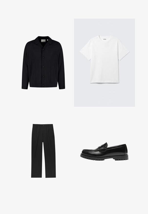 Cardigan en maille noire à boutons avec col, présentant un motif texturé en torsades verticales et des boutons marron sur le devant.; T-shirt blanc à manches courtes et col rond, étalé à plat, design uni, avec l'étiquette "WEEKDAY" à l'intérieur du col sur un fond clair.; Pantalons noirs au design droit, fabriqués à partir d'un tissu lisse. Dotés de plis sur le devant et d'une fermeture à un bouton à la taille.; Mocassin en cuir noir avec une semelle en caoutchouc épaisse et un détail classique de bride à monnaie, vu de côté extérieur.