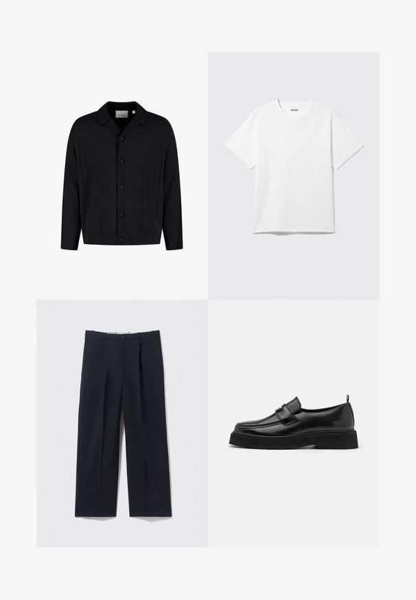 Cardigan en maille noire à boutons avec col, présentant un motif texturé en torsades verticales et des boutons marron sur le devant.; T-shirt blanc à manches courtes et col rond, étalé à plat, design uni, avec l'étiquette "WEEKDAY" à l'intérieur du col sur un fond clair.; Pantalon bleu marine foncé en tissu lisse, avec une coupe ajustée, deux poches avant et une fermeture par bouton.; Chaussures en cuir noir de style mocassin avec une semelle plate et texturée, présentant un bout piqué et une sangle traversant le cou-de-pied.