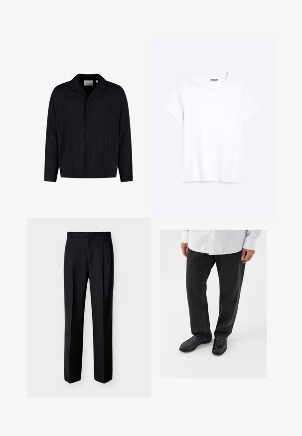Cardigan en maille noire à boutons avec col, présentant un motif texturé en torsades verticales et des boutons marron sur le devant.; T-shirt blanc uni à manches courtes et col rond avec une étiquette de la marque WEEKDAY visible au niveau du col, présenté sur un fond clair.; Pantalon noir ajusté à coupe droite, avec un devant plissé et des poches latérales. Confectionné dans un tissu lisse et léger à motif uni.; Pantalons en denim noir associés à des mocassins noirs brillants. La chemise est blanche avec de fines rayures verticales, avec des manches longues et un col boutonné.
