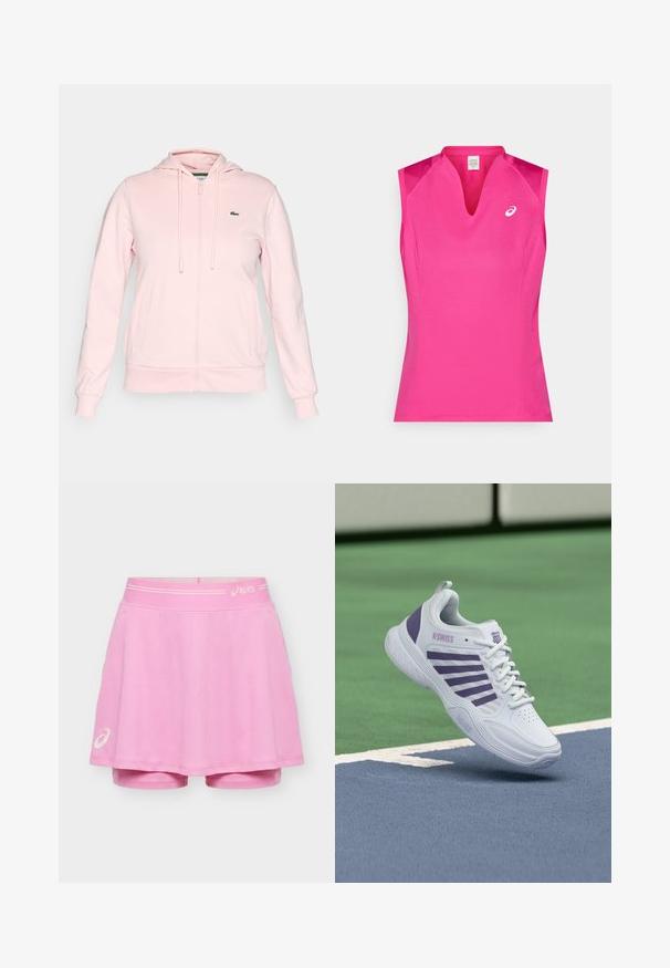 Sudadera de cremallera de color rosa claro hecha de una tela suave, con capucha, cordones, dos bolsillos frontales y un pequeño logo verde en el lado izquierdo del pecho.; Top deportivo sin mangas en rosa brillante, con diseño de escote en V. Hecho de tela suave y ligera con un sutil brillo y un detalle de logo.; Falda-pantalón deportiva rosa con pantalones integrados, con logos de ASICS en la cintura y el dobladillo izquierdo, mostrada sobre un fondo liso.; Zapatilla de tenis K-Swiss blanca y morada suspendida sobre una superficie de cancha de tenis azul y verde con líneas de delimitación blancas.