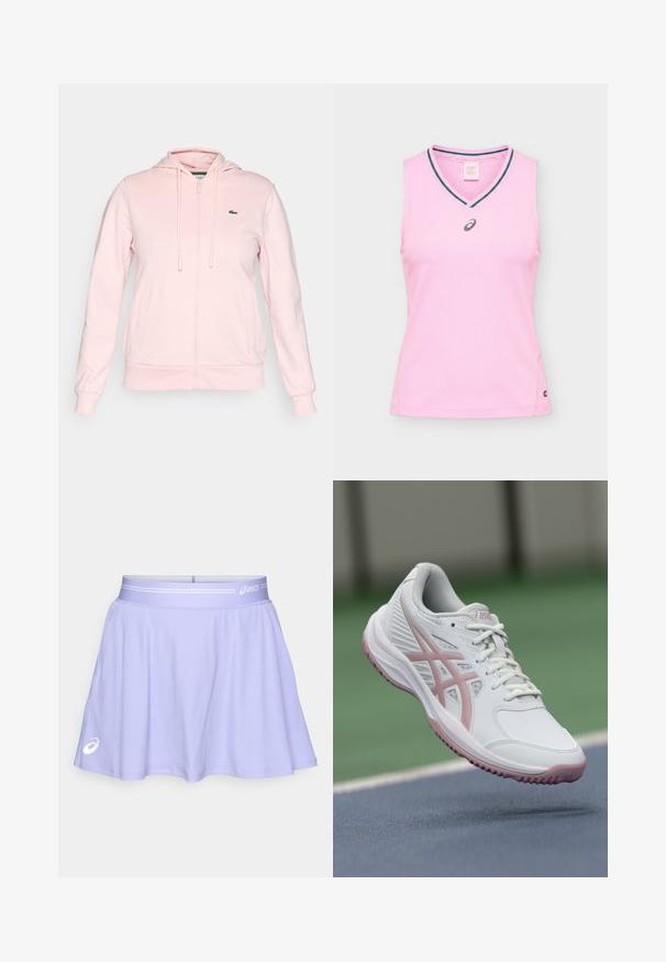 Lyserød zip-up hoodie lavet af blødt stof, med hætte, snore, to frontlommer og et lille grønt logo på venstre bryst.; Ærmeløs lyserød sports tanktop med v-hals og mørk kant, med et lille sort ASICS-logo centreret under halsudskæringen.; Lys lilla sportskørt lavet af strækbart stof. Har en bred talje med en hvid detalje og et logo nederst til venstre.; Hvide sportssko med lyserøde accenter, syntetisk materiale, rund tå, mesh-sider og tekstureret sål. Snørering foran og ASICS-branding synlig.