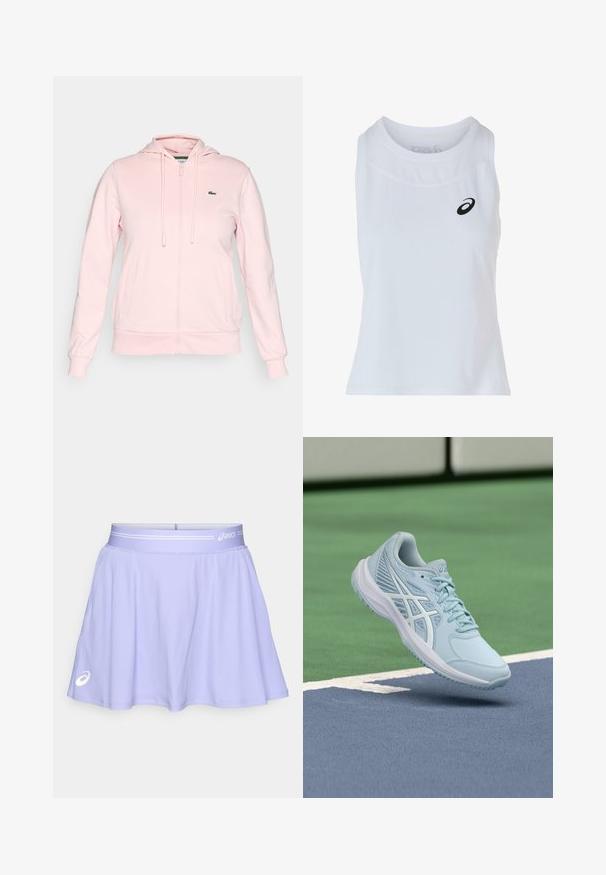 Helle rosa Zip-Hoodie aus weichem Stoff, mit Kapuze, Kordeln, zwei Vordertaschen und einem kleinen grünen Logo auf der linken Brust.; Weißes athletisches Tanktop mit rundem Ausschnitt und atmungsaktiven Mesh-Einsätzen; verfügt über ein kleines schwarzes Logo auf der linken Brustseite.; Helle lila Sportrock aus dehnbarem Stoff. Mit einem breiten Bund mit einem weißen Akzent und einem Logo auf der unteren linken Seite.; Hellblauer Sportschuh mit Mesh-Obermaterial, strukturierten Details und einer gepolsterten Sohle, der über einer blauen Spielfläche schwebt.
