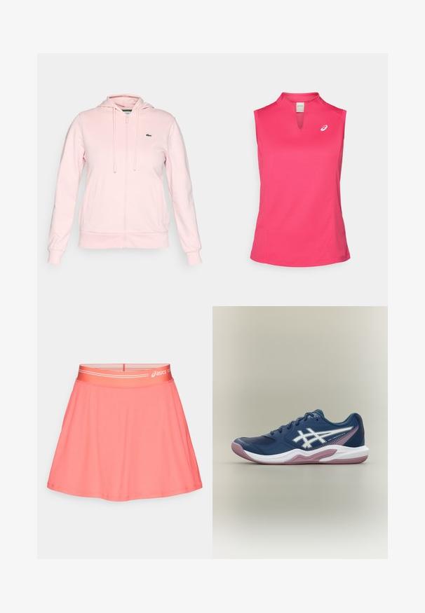 Lichtroze ritsjack van zacht materiaal, met een capuchon, koordjes, twee voorzakken en een klein groen logo op de linkerborst.; ASICS COURT TANK - Top - bright rose; Roze atletische rok van geribd stof. Heeft een brede elastische tailleband met een logo en een uitlopende pasvorm voor bewegingsvrijheid.; Marineblauwe sportschoen met witte en roze zool, wit logo aan de zijkant, vetersluiting en meshdetails op de neus en zijkanten.
