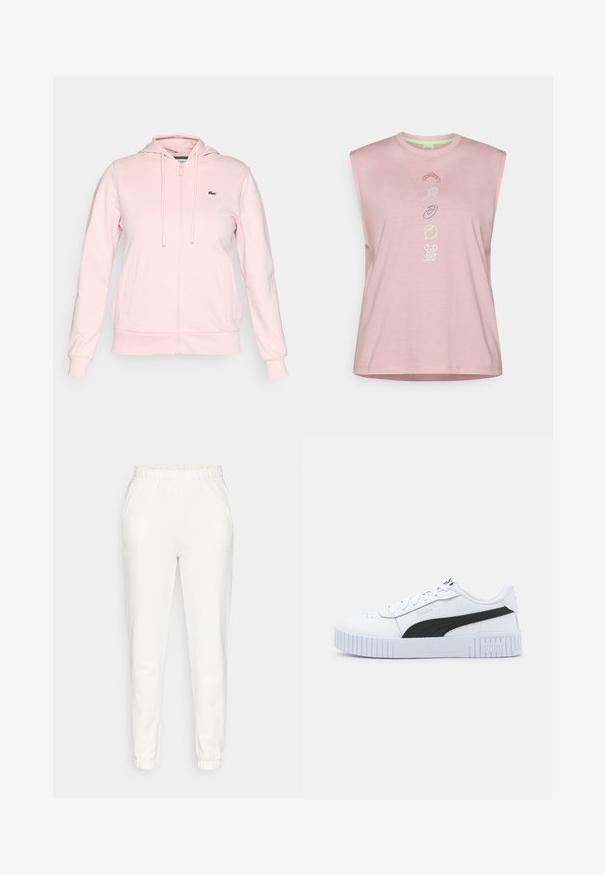 Helle rosa Zip-Hoodie aus weichem Stoff, mit Kapuze, Kordeln, zwei Vordertaschen und einem kleinen grünen Logo auf der linken Brust.; Pinkes ärmelloses Baumwollhemd mit rundem Ausschnitt und verspielten Grafiken, darunter ein Bumerang, ein Tennisschläger und ein Koala.; Weiße, schmal zulaufende Sweatpants mit elastischem Bund und Bündchen, ausgestattet mit seitlichen Taschen, vor einem schlichten Hintergrund präsentiert.; Weißer Sneaker mit schwarzen Akzenten, Obermaterial aus strukturiertem Leder, Schnürdesign, robuster Gummisohle und markantem Puma-Logo an der Seite.