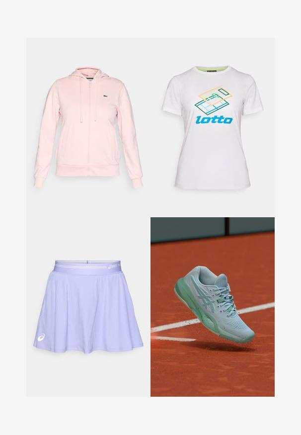Sudadera de cremallera de color rosa claro hecha de una tela suave, con capucha, cordones, dos bolsillos frontales y un pequeño logo verde en el lado izquierdo del pecho.; Camiseta blanca de algodón de manga corta, con un gráfico geométrico colorido y el logo "lotto" en azul en la parte frontal.; Falda atlética de color púrpura claro hecha de un tejido elástico. Cuenta con una cinturilla ancha con un acento blanco y un logotipo en la parte inferior izquierda.; Zapatilla de tenis azul clara levantando polvo de arcilla en una pista de tenis naranja cerca de una línea blanca de límite.