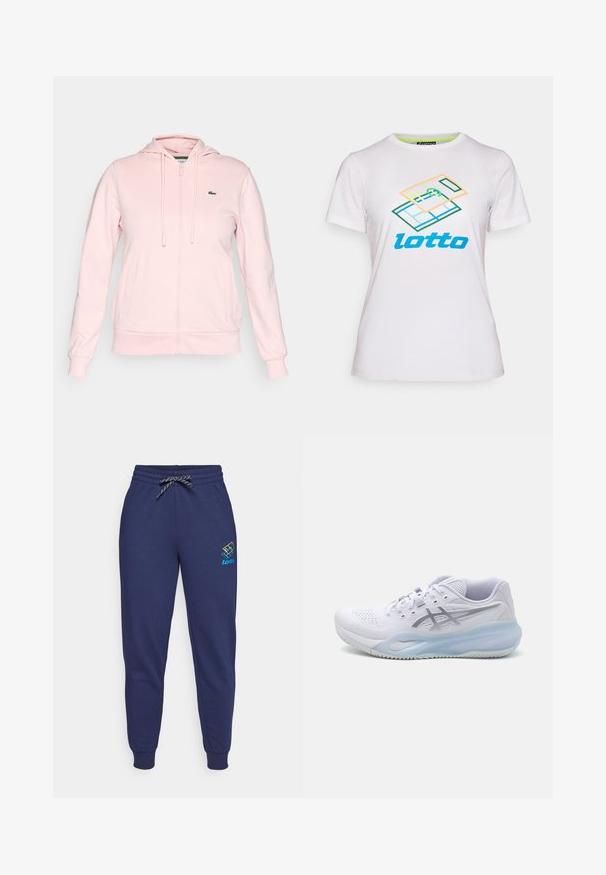 Svetloružová zapínacia mikina vyrobená z mäkkého materiálu, so kapucňou, šnúrkami, dvoma prednými vreckami a malým zeleným logom na ľavej hrudi.; Biela krátky rukáv tričko vyrobené z bavlny, s farebnou geometrickou grafikou a modrým logom "lotto" na prednej strane.; Námornícke modré tepláky s pásekom na stiahnutie a manžetami na členkoch. Na ľavom stehne je logo Lotto v živých farbách. Vyrobené z jemnej tkaniny.; Biele športové topánky s vrchom z oka, textúrovaným dizajnom, svetlomodrou podrážkou a šedými akcentmi. Obsahujú šnúrkové uzatváranie a zosilnenú špičku.