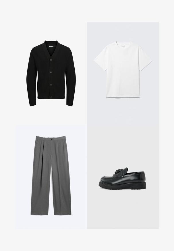 Cardigan en tricot noir avec col en V, comportant cinq boutons, texture côtelée et manches longues. Fabriqué en tissu doux pour le confort.; T-shirt blanc à manches courtes et col rond, étalé à plat, design uni, avec l'étiquette "WEEKDAY" à l'intérieur du col sur un fond clair.; Pantalon formel gris avec jambes droites, plis à l'avant, poches latérales, passants pour ceinture et fermeture devant par bouton et glissière.; Mocassin en cuir noir avec pampilles, semelle épaisse en caoutchouc et talon bas, présenté de profil sur un fond uni.
