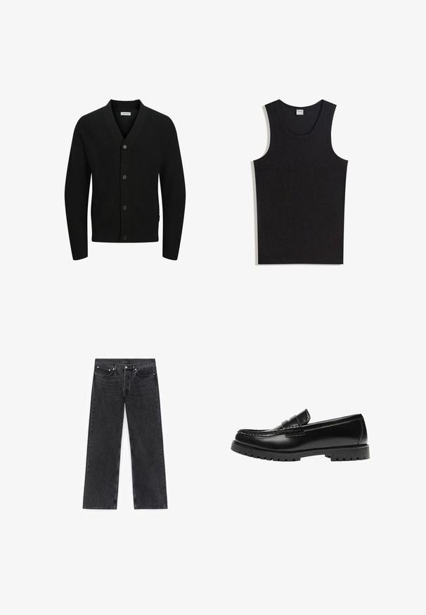 Cardigan en tricot noir avec col en V, comportant cinq boutons, texture côtelée et manches longues. Fabriqué en tissu doux pour le confort.; Débardeur noir en coton, doté d'un col rond et d'une coupe sans manches. Texture lisse sans motifs ni accents visibles.; Jean en denim noir avec une coupe à jambes larges, doté de poches avant, d'une fermeture à boutons et d'un léger effet délavé sur la texture du tissu.; Mocassin en cuir noir avec une semelle en caoutchouc épaisse et un détail classique de bride à monnaie, vu de côté extérieur.