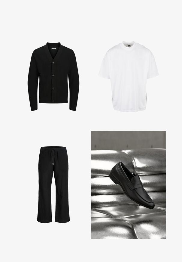 Cardigan en tricot noir avec col en V, comportant cinq boutons, texture côtelée et manches longues. Fabriqué en tissu doux pour le confort.; T-shirt en coton blanc avec une coupe décontractée, des manches courtes et un col rond, présentant un ourlet droit et sans graphiques ni motifs visibles.; Pantalon large noir avec taille élastique et cordon, fabriqué en tissu léger texturé.; Chaussure mocassin en cuir noir positionnée au-dessus d'un coussin capitonné argenté métallique brillant.