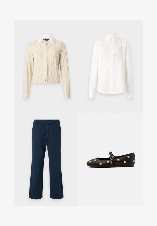 Cardigan beige côtelé à manches longues, col blanc orné de perles, et fermeture boutonnée sur l'avant, sur un fond clair uni.; Soulland RADO SHIRT - Chemisier - off white; CLOSED SERANDON - Pantalon classique - dark night; Chaussure plate Mary Jane noire avec des clous ronds dorés, une bride à boucle dorée et un petit charme doré suspendu à la bride.