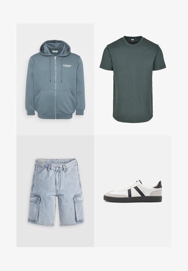 Hoodie zippé en tissu bleu-gris doux, avec une capuche à cordon, des poches kangourou, des poignets côtelés et un petit logo sur la poitrine.; T-shirt à manches courtes de couleur vert foncé en coton avec un col ras du cou. Présente un design uni et comporte des coutures le long des bords.; Short cargo en denim bleu clair avec fermeture par boutons, passants pour ceinture, poches avant et poches latérales à rabat avec boutons sur fond gris.; Baskets blanches avec des accents noirs et gris, présentant un embout texturé gris, une semelle en caoutchouc noir et des lacets plats blancs. Design épuré, style minimaliste.