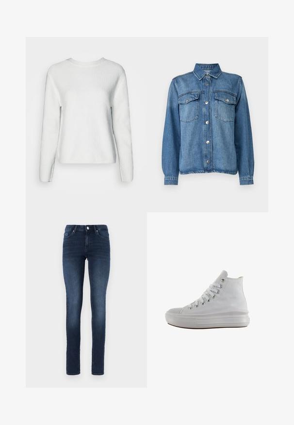 Pull en tricot blanc avec un col rond, des manches longues, un motif en côtes texturé et une coupe décontractée.; Veste en denim bleu clair avec fermeture à boutons devant, deux poches poitrine, collier pointu et manches longues avec poignets à boutons.; Jean skinny bleu foncé en denim, avec un design classique à cinq poches, fermeture à bouton et un léger délavage au niveau des cuisses.; Baskets montantes en toile blanche avec lacets blancs, œillets métalliques, semelle épaisse en caoutchouc et bout texturé, orientées vers la gauche sur fond blanc.