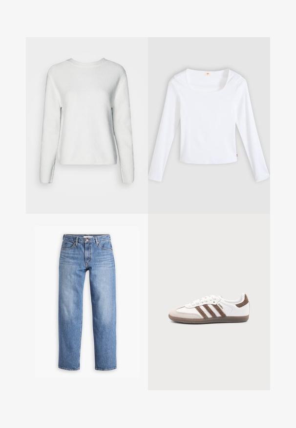 Pull en tricot blanc avec un col rond, des manches longues, un motif en côtes texturé et une coupe décontractée.; T-shirt blanc à manches longues en tissu côtelé, avec un col carré et une coupe ajustée, orné d'une petite étiquette logo sur le côté.; Jeans en denim bleu clair avec une coupe droite, cinq poches et une fermeture éclair. Le tissu a une finition texturée classique avec un léger dégradé.; Baskets Adidas Samba blanches avec des bandes en daim marron, semelle en caoutchouc marron et bout en daim beige, vues du côté extérieur sur un fond uni.