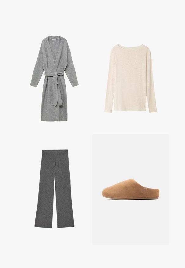 Grijze cardigan gemaakt van zacht materiaal, met een diepe V-hals, lange mouwen en een tailleband. Eenvoudig ontwerp zonder patronen of versieringen.; Lichtbeige fijngebreide top met lange mouwen, boothals en een subtiele gemêleerde structuur.; Grijze wijde broek gemaakt van zachte, gebreide stof. Heeft een elastische tailleband, een losse fit en geen zichtbare patronen of versieringen.; Beige suède instap-slipper met gesloten neus, open achterkant, platte zool en klein UGG-logo aan de zijkant, zijaanzicht.