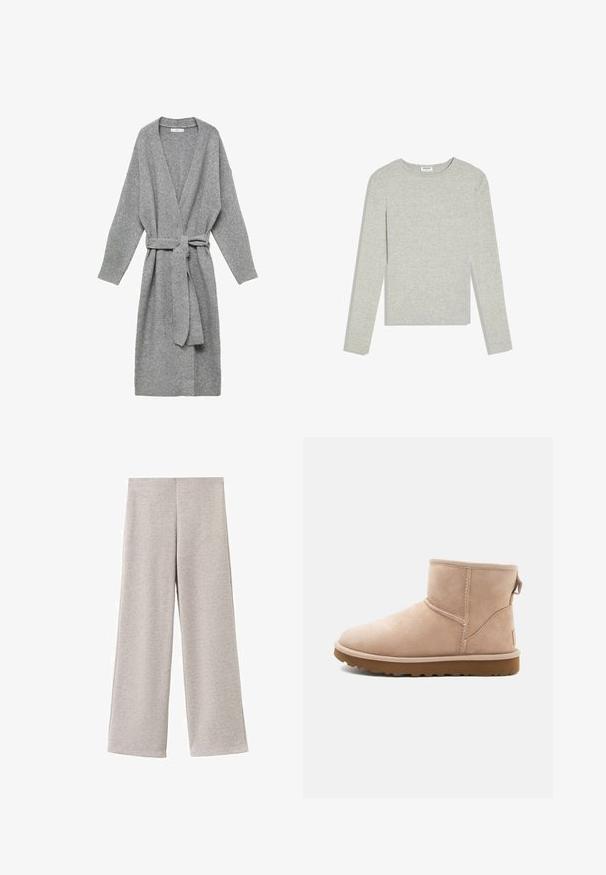 Grijze cardigan gemaakt van zacht materiaal, met een diepe V-hals, lange mouwen en een tailleband. Eenvoudig ontwerp zonder patronen of versieringen.; Lichtgrijs shirt met lange mouwen en ronde hals, een slanke pasvorm en zonder zichtbare patronen of logo's, platliggend op een witte achtergrond.; Lichtgrijze wijde broekspijpen gemaakt van zachte stof. Heeft een gladde textuur en een eenvoudig, onopgesmukt ontwerp zonder zakken of bevestigingen.; Beige suède enkellaars met een ronde neus, gestikte accenten en een gestructureerde bruine rubberen zool. Beschikt over een trekband aan de achterkant.