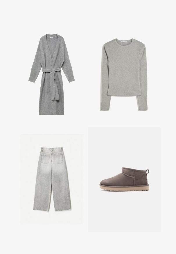 Grå cardigan lavet af blødt materiale, med en dyb V-hals, lange ærmer og et bånd i taljen. Enkel design uden mønstre eller udsmykninger.; Langærmet grå t-shirt lavet af blødt bomuldsstof, med rund halsudskæring og tætsiddende silhuet uden synlige mønstre eller detaljer.; Løse grå denim jeans med et falmet udseende, med to baglommer og rå kanter.; Lav brun ruskindssko med lav ankelhøjde, slidstærk sål og træksnor på en ensartet baggrund.