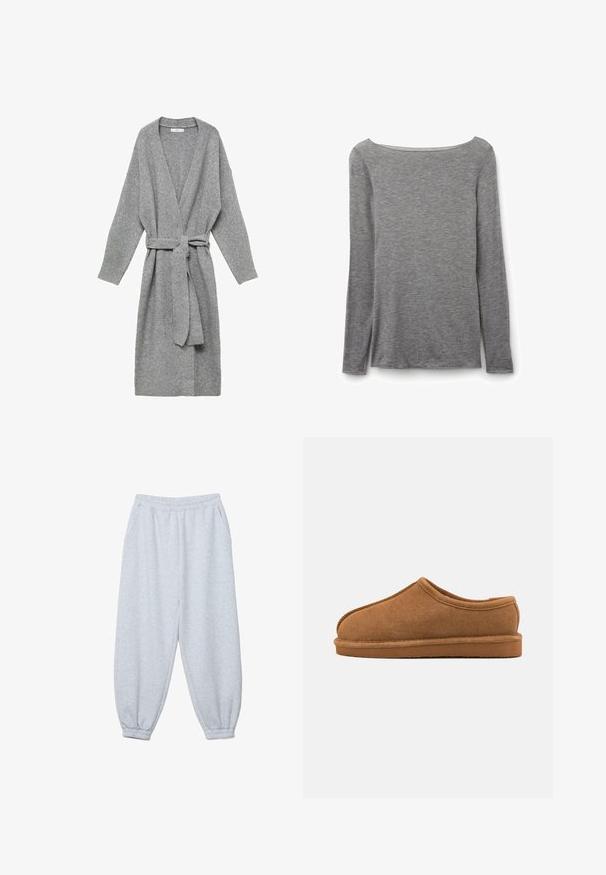 Grijze cardigan gemaakt van zacht materiaal, met een diepe V-hals, lange mouwen en een tailleband. Eenvoudig ontwerp zonder patronen of versieringen.; Grijze nauwsluitende top met lange mouwen en een brede boothals, gemaakt van zachte, lichte gebreide stof.; Lichtgrijze joggingbroek met elastische tailleband, zijzakken en elastische boorden bij de enkels, platgelegd op een witte achtergrond.; Bruine suède pantoffel met een afgeronde neus, lage achterkant en een gestructureerde bovenkant. Kenmerkt zich door een gestikte naad en een platte rubberen zool voor binnengebruik.