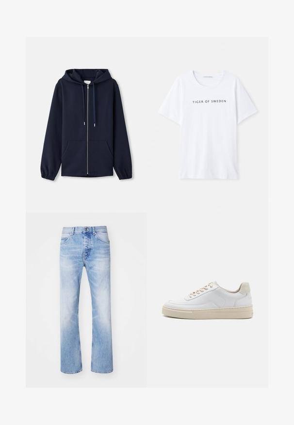Navy Zip-Hoodie aus weichem Stoff, mit einer Kapuze zum Ziehen, Fronttaschen und elastischen Bündchen. Einfaches und funktionales Design.; Weißes T-Shirt mit rundem Halsausschnitt und kurzen Ärmeln. Schwarzer Text mit der Aufschrift "TIGER OF SWEDEN" zentral auf der Vorderseite. Glatte Stofftextur.; Hellblaue Denim-Jeans mit geradem Bein, im klassischen Fünf-Taschen-Design und einem dezenten Ausbleichmuster.; Weiße Sneaker mit einem glatten Lederobermaterial, beigen Schnürsenkeln und einer strukturierten, beigen Wildleder-Fersenschlaufe. Erhöhte Sohle für zusätzlichen Komfort.