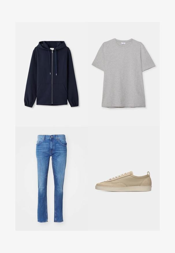 Navy Zip-Hoodie aus weichem Stoff, mit einer Kapuze zum Ziehen, Fronttaschen und elastischen Bündchen. Einfaches und funktionales Design.; Graues T-Shirt mit kurzen Ärmeln aus weichem, strukturiertem Stoff. Verfügt über einen klassischen Rundhalsausschnitt und einen geraden Saum, geeignet für legere Trageanlässe.; Blaue Jeans aus Denim mit geradem Bein, ausgestattet mit einem Knopfverschluss, fünf Taschen und dezenten Ausbleichungen, vor einem weißen Hintergrund.; Beiger Sneaker mit niedriger Schafthöhe, Obermaterial aus Stoff und Wildleder, weißen Schnürsenkeln, Gummisohle und Fersenlasche, seitlich auf weißem Hintergrund dargestellt.