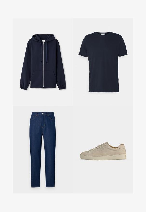Navy Zip-Hoodie aus weichem Stoff, mit einer Kapuze zum Ziehen, Fronttaschen und elastischen Bündchen. Einfaches und funktionales Design.; Marineblaue Baumwoll-T-Shirt mit Rundhalsausschnitt und kurzen Ärmeln, mit einer glatten Oberfläche und einfachem Design, ohne sichtbare Muster oder Akzente.; Les Benjamins Jeans Straight Leg - rinse wash; Beiger Wildleder-Low-Top-Sneaker mit Schnürverschluss und dicker Gummisohle, von der Seite auf weißem Hintergrund gezeigt.