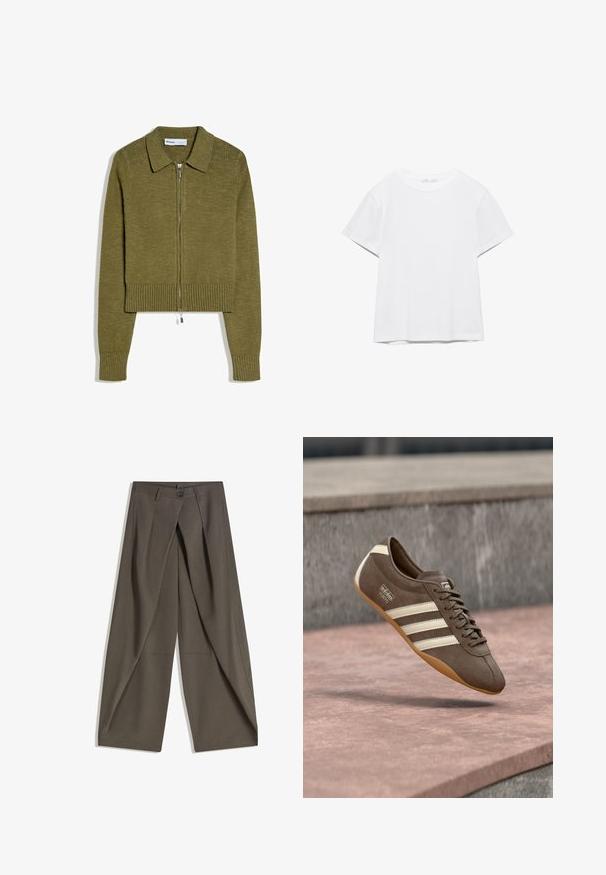 Cardigan zippé en tricot vert olive avec manches longues, poignets et ourlet côtelés, et col pointu.; T-shirt blanc uni à manches courtes et col rond, avec un ourlet droit, présenté sur un fond blanc.; Pantalons à jambes larges en tissu texturé gris foncé. Présente un pli avant, une fermeture par bouton et des poches latérales pour plus de praticité.; Baskets en daim marron avec des rayures blanches et un logo, dotées d'un bout rond et d'une semelle en caoutchouc gomme, suspendues au-dessus d'une surface texturée.