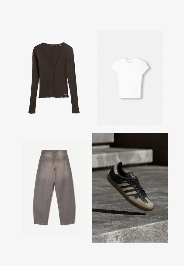 Cardigan en maille marron à manches longues, décolleté en V profond, boutons sur le devant et ourlet froncé. Présente un détail de logo doré en bas.; T-shirt blanc à manches courtes en coton doux, avec un col rond et une coupe ajustée. Pas de motifs ni d'ornements visibles.; Jean en denim gris vu de dos avec deux poches arrière, passants de ceinture et une coupe légèrement fuselée.; Baskets en cuir noir et beige avec trois bandes blanches, semelle en caoutchouc beige et détail en or "Samba" sur le côté.