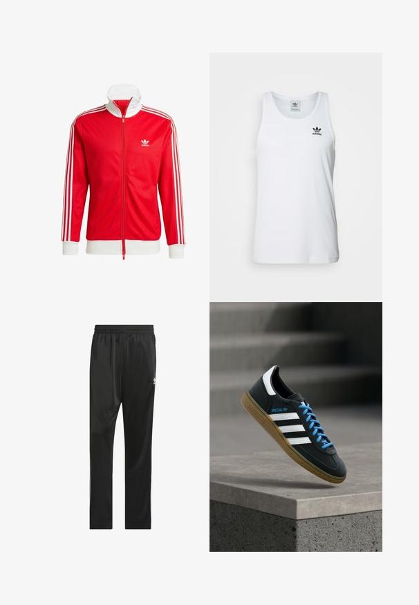 Chaqueta de chándal roja hecha de tela suave con acentos blancos. Presenta un cuello alto, cremallera completa y tres franjas blancas en cada manga.; Top sin mangas blanco con canalé y escote redondo, logo negro de Adidas en el lado izquierdo del pecho. Material de algodón suave, corte casual.; Pantalones deportivos negros hechos de un material suave y ligero. Cuentan con una cinturilla elástica y rayas laterales blancas con un logo en el muslo.; Zapatilla negra Adidas con franjas blancas, cordones azules y suela de goma flotando sobre un escalón de hormigón gris con luz suave.