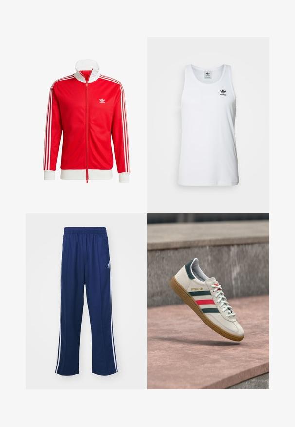 Chaqueta de chándal roja hecha de tela suave con acentos blancos. Presenta un cuello alto, cremallera completa y tres franjas blancas en cada manga.; Top sin mangas blanco con canalé y escote redondo, logo negro de Adidas en el lado izquierdo del pecho. Material de algodón suave, corte casual.; Pantalones deportivos en azul marino con un corte relajado, que presentan franjas laterales blancas y una cintura elástica. Tejido suave, sin patrones visibles ni herrajes.; Zapatilla blanca Adidas con franjas verdes y rojas, suela de goma y marca "SPEZIAL" flotando sobre pavimento de piedra.
