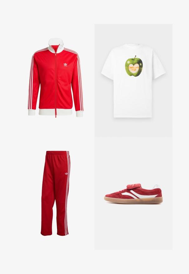 Rote Trackjacke aus glattem Material mit weißen Akzenten. Verfügt über einen hohen Kragen, einen durchgehenden Reißverschluss und drei weiße Streifen an jedem Ärmel.; Weißes T-Shirt mit kurzen Ärmeln und einer Grafik eines grünen Apfels; der Apfel hat eine herzförmig geschälte Stelle, die den Text "Carhartt WIP" zeigt.; Rote Sporthose aus strukturiertem Stoff, mit weißen Seitenstreifen und einem gestickten Logo am linken Bein, elastischer Bund.; Roter Wildledersneaker mit weißen Streifen, einer braunen Gummisohle, weißem Fersenlasche und einem Klettverschluss mit der Aufschrift "ICEBERG".