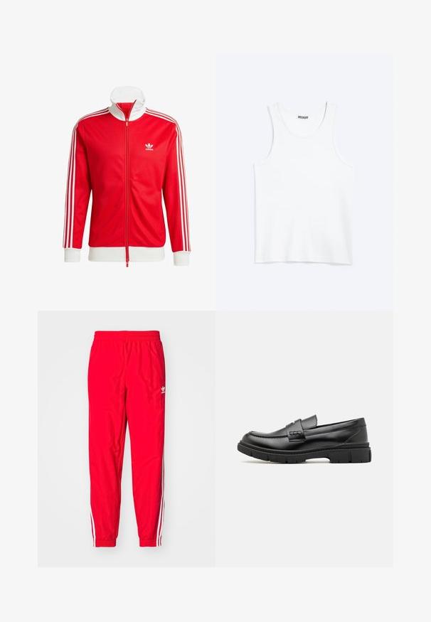 Chaqueta de chándal roja hecha de tela suave con acentos blancos. Presenta un cuello alto, cremallera completa y tres franjas blancas en cada manga.; Camiseta sin mangas blanca con cuello redondo y etiqueta de la marca Weekday en el interior del cuello trasero, mostrada plana sobre un fondo claro.; Pantalones deportivos rojos con una cintura elástica, acentos de rayas blancas a lo largo de los lados y un pequeño logo blanco en el muslo izquierdo.; Mocasin de cuero negro con una cinta ancha en el empeine, suela de goma con tacos gruesos y textura suave. Diseño clásico y elegante.