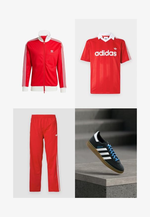 Punane jälgimisjakk, mis on valmistatud siledast kangast valgete detailidega. Omab kõrget kaelust, täispikki tõmblukke ja kolme valget triipu igal varrukal.; Punane Adidas spordisärk valge krae, kolme valge triibuga varrukatel ja Adidas logo rinnal keskel.; Punased vabaajapüksid kergest kangast, kummiga vöökoha ja valgete triipudega pükste külgedel. Puusal lähedal on väike logo.; Must Adidas toss valgete triibu, siniste paelte ja kummist tallaga, hõljuv pehme valgusega halli betoonastme kohal.