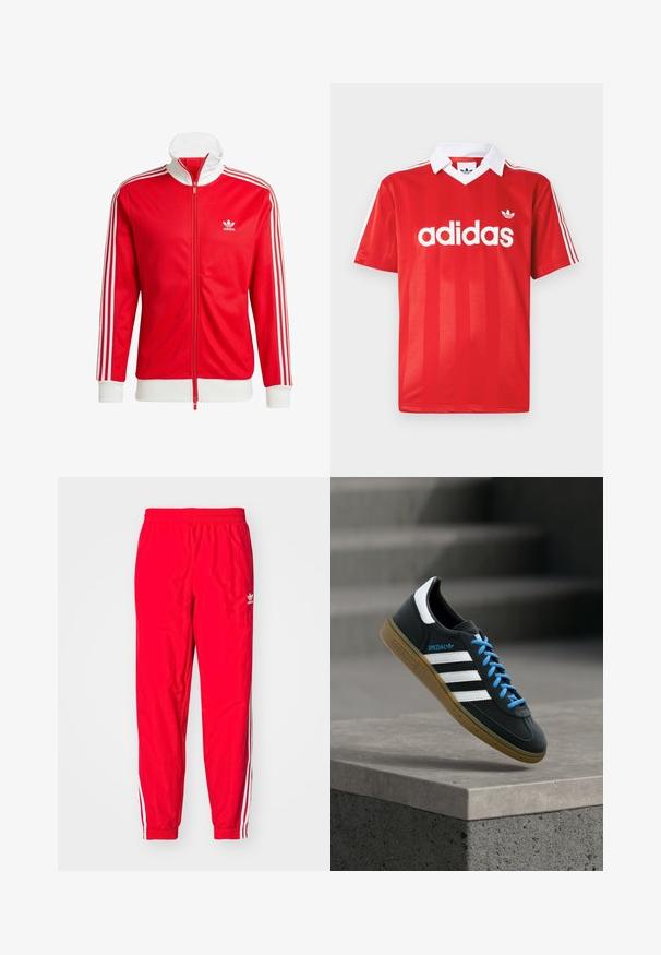 Chaqueta de chándal roja hecha de tela suave con acentos blancos. Presenta un cuello alto, cremallera completa y tres franjas blancas en cada manga.; Camiseta deportiva roja de Adidas con cuello blanco, tres rayas blancas en las mangas y el logo de Adidas centrado en el pecho.; Pantalones deportivos rojos con una cintura elástica, acentos de rayas blancas a lo largo de los lados y un pequeño logo blanco en el muslo izquierdo.; Zapatilla negra Adidas con franjas blancas, cordones azules y suela de goma flotando sobre un escalón de hormigón gris con luz suave.
