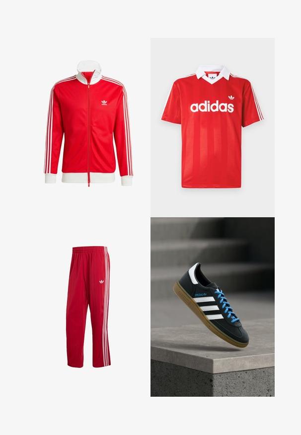 Rote Trackjacke aus glattem Material mit weißen Akzenten. Verfügt über einen hohen Kragen, einen durchgehenden Reißverschluss und drei weiße Streifen an jedem Ärmel.; Rotes Adidas-Sporttrikot mit weißem Kragen, drei weißen Streifen an den Ärmeln und Adidas-Logo mittig auf der Brust.; Rote Adidas Trainingshose mit elastischem Bund, weißen Seitenstreifen und Trefoil-Logo am rechten Oberschenkel vor weißem Hintergrund.; Schwarzer Adidas-Sneaker mit weißen Streifen, blauen Schnürsenkeln und Gummisohle, der über einer grauen Betontreppe im weichen Licht schwebt.