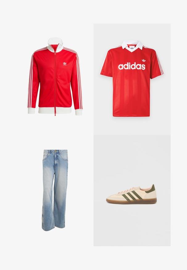 Punane jälgimisjakk, mis on valmistatud siledast kangast valgete detailidega. Omab kõrget kaelust, täispikki tõmblukke ja kolme valget triipu igal varrukal.; Punane Adidas spordisärk valge krae, kolme valge triibuga varrukatel ja Adidas logo rinnal keskel.; Laiad jalaga sinised teksapüksid heledate kulumistega. Neil on viis taskut, nööpidega sulgur ja sirge siluett õmmeldud detailidega.; Madalprofiilne beež Adidas Spezial toss rohelist värvi triipude, kummist tallaga ja "SPEZIAL" brändinguga küljel, nähtav välisküljelt.