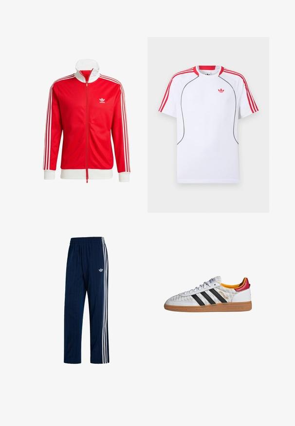 Rote Trackjacke aus glattem Material mit weißen Akzenten. Verfügt über einen hohen Kragen, einen durchgehenden Reißverschluss und drei weiße Streifen an jedem Ärmel.; Weißes Sportshirt mit kurzen Ärmeln, roten Streifen auf Schultern und Ärmeln, schwarzer Paspelierung vorne und rotem Adidas-Trefoil-Logo auf der Brust.; Marineblaue Adidas Trainingshose mit weißen drei Streifen an den Seiten und elastischem Bund, mit weißem Trefoil-Logo auf dem linken Oberschenkel.; Weißer Adidas Spezial Sneaker mit schwarzen Streifen, Gummisohle, gestepptem Muster, rotem Fersenlaschen und gelber Innenausstattung, Seitenansicht.