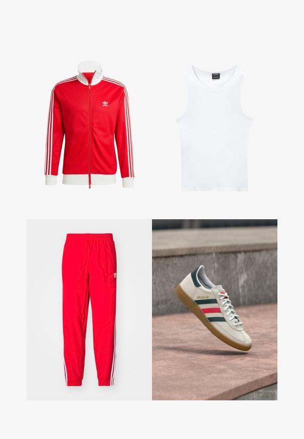 Rote Trackjacke aus glattem Material mit weißen Akzenten. Verfügt über einen hohen Kragen, einen durchgehenden Reißverschluss und drei weiße Streifen an jedem Ärmel.; Weißes ärmelloses Tanktop aus geripptem Baumwollmaterial. Hat einen gerundeten Ausschnitt und eine glatte Textur. Das Etikett trägt die Aufschrift "PULL&BEAR."; Rote Sporthose mit elastischem Bund, weißen gestreiften Akzenten an den Seiten und einem kleinen weißen Logo am linken Oberschenkel.; Weißer Adidas Sneaker mit grünen und roten Streifen, Gummisohle und "SPEZIAL"-Branding, der über einem Steinpflaster schwebt.