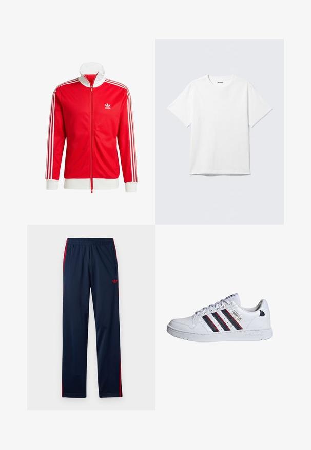 Veste de sport rouge en tissu lisse avec des accents blancs. Elle présente un col montant, une fermeture éclair intégrale et trois bandes blanches sur chaque manche.; T-shirt blanc à manches courtes et col rond, étalé à plat, design uni, avec l'étiquette "WEEKDAY" à l'intérieur du col sur un fond clair.; Pantalon de sport bleu marine avec bandes latérales rouges, taille élastique, poches zippées et logo trèfle Adidas rouge sur la cuisse gauche.; adidas Originals Baskets basses - white