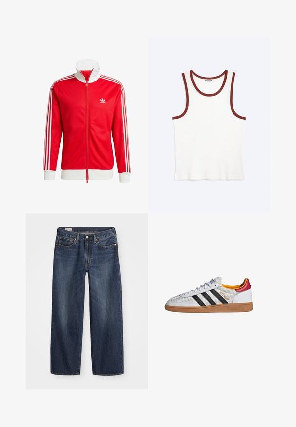 Rote Trackjacke aus glattem Material mit weißen Akzenten. Verfügt über einen hohen Kragen, einen durchgehenden Reißverschluss und drei weiße Streifen an jedem Ärmel.; Weißes ärmelloses Tanktop mit braunem Besatz an Ausschnitt und Armlöchern, im inneren Kragen mit "Weekday" beschriftet.; Dunkelblaue Jeans aus Denim mit geradem Bein, fünf Taschen-Design, Metallknopf und Reißverschluss, sowie subtilen Auswaschungen.; Weißer Adidas Spezial Sneaker mit schwarzen Streifen, Gummisohle, gestepptem Muster, rotem Fersenlaschen und gelber Innenausstattung, Seitenansicht.