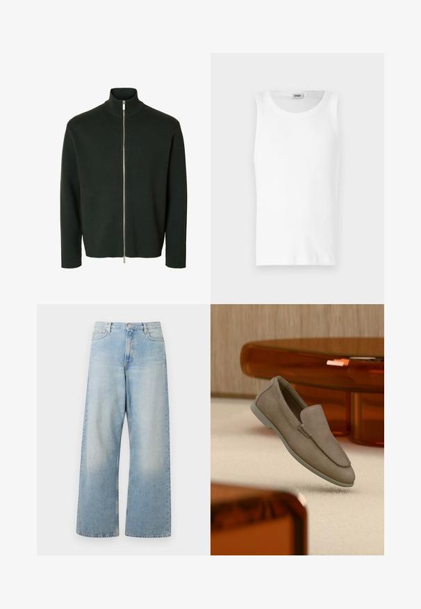 Pull zippé manches longues vert foncé avec un col montant côtelé et une fermeture éclair argentée du cou à l'ourlet.; Débardeur en coton blanc sans manches avec un col rond et une texture lisse. Design simple, sans motifs ni accents.; Jeans larges bleu clair en denim, dotés d'une taille haute, de poches avant et d'un délavage avec un léger usure au niveau des cuisses.; Mocassin beige en daim à enfiler avec coutures visibles et semelle claire, positionné au-dessus d'un tapis crème, avec un meuble translucide orange en arrière-plan.